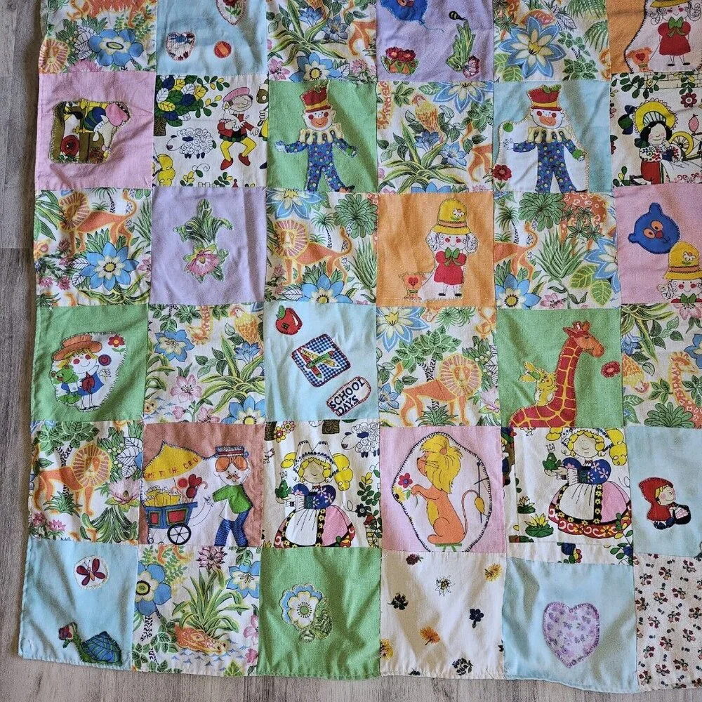 Vtg Handmade Blanket Boho Quilt Colorful Coverlet 62x83 70s 80s Fairy Tales